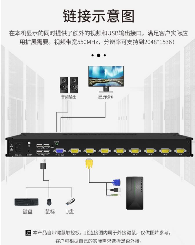 8進(jìn)1出VGA切換器八進(jìn)一出kvm切換器解決方案連接示意圖